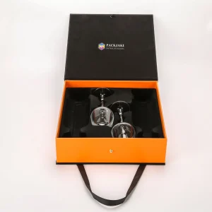 Opened black wine gift box showcasing the precise placement of two wine glasses, designed for high-end wine gift packaging.