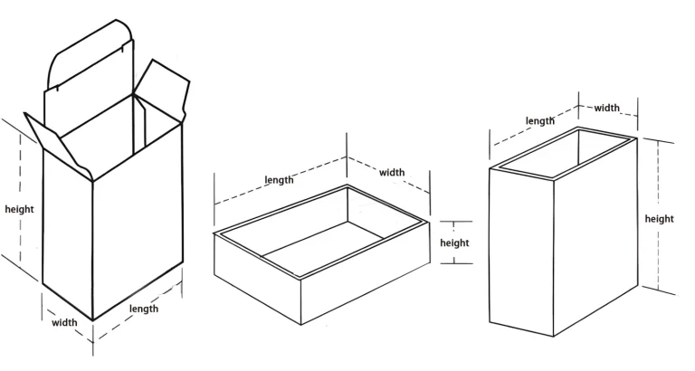 Illustration of three different box styles with dimensions labeled as length, width, and height for packaging design.