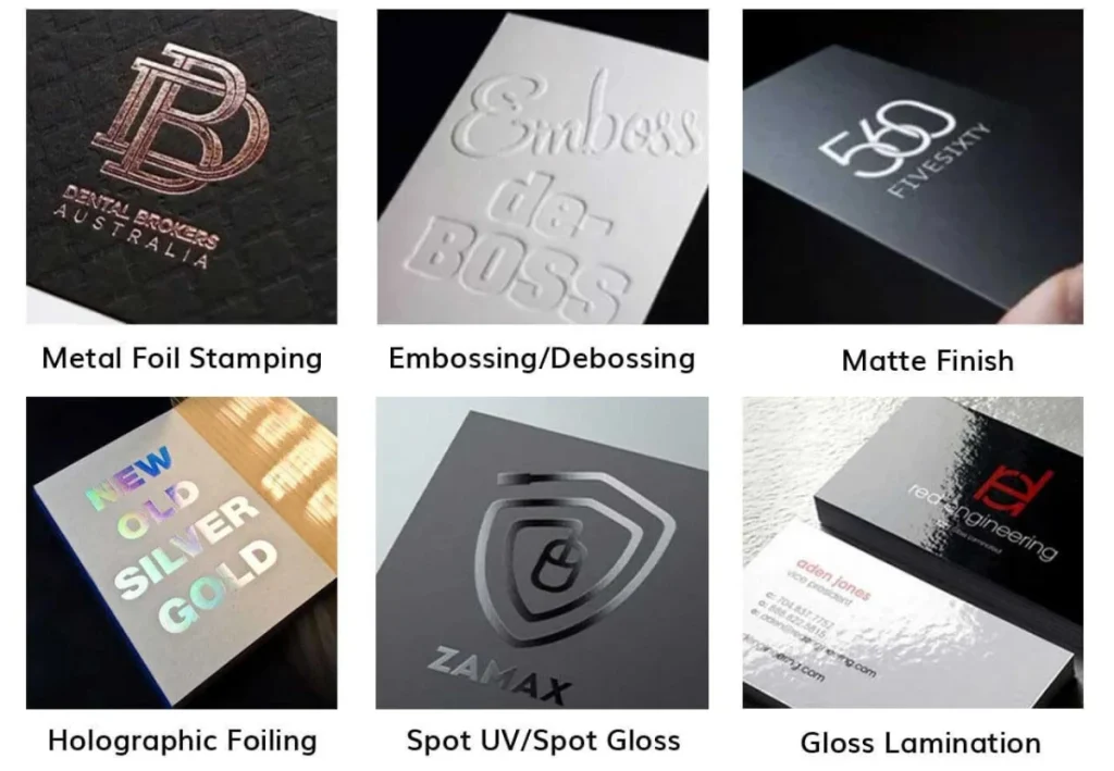 Examples of printing and finishing options including metal foil stamping, embossing/debossing, matte finish, holographic foiling, spot UV/spot gloss, and gloss lamination.