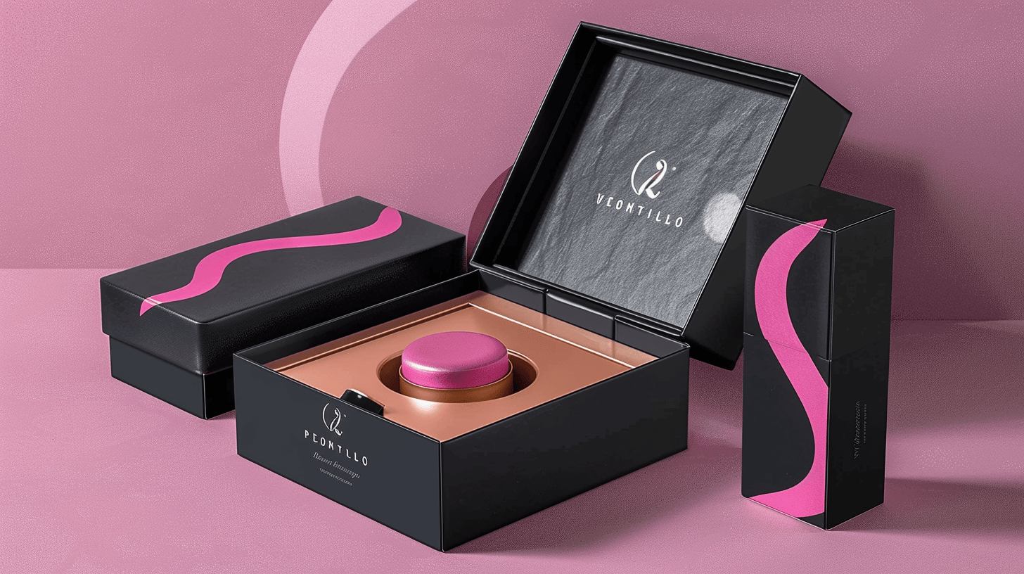 Black and pink cosmetic packaging with a modern and luxurious design.