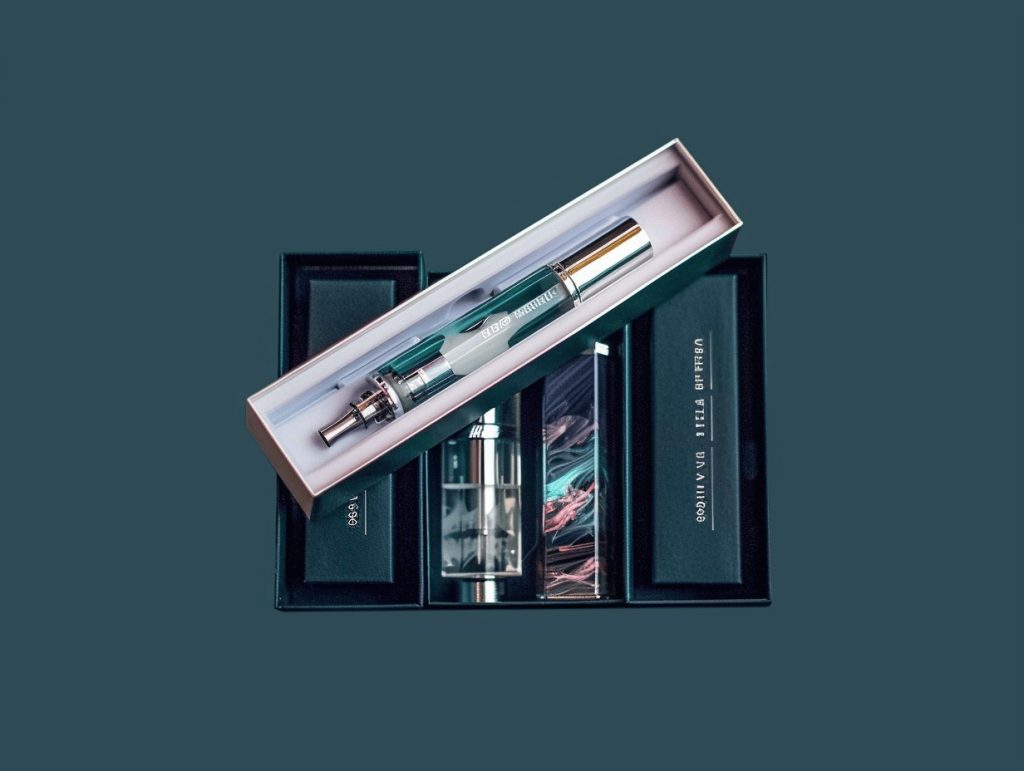 A sleek vape pen displayed inside a custom-designed rectangular box with a black and green color theme, featuring modern typography.