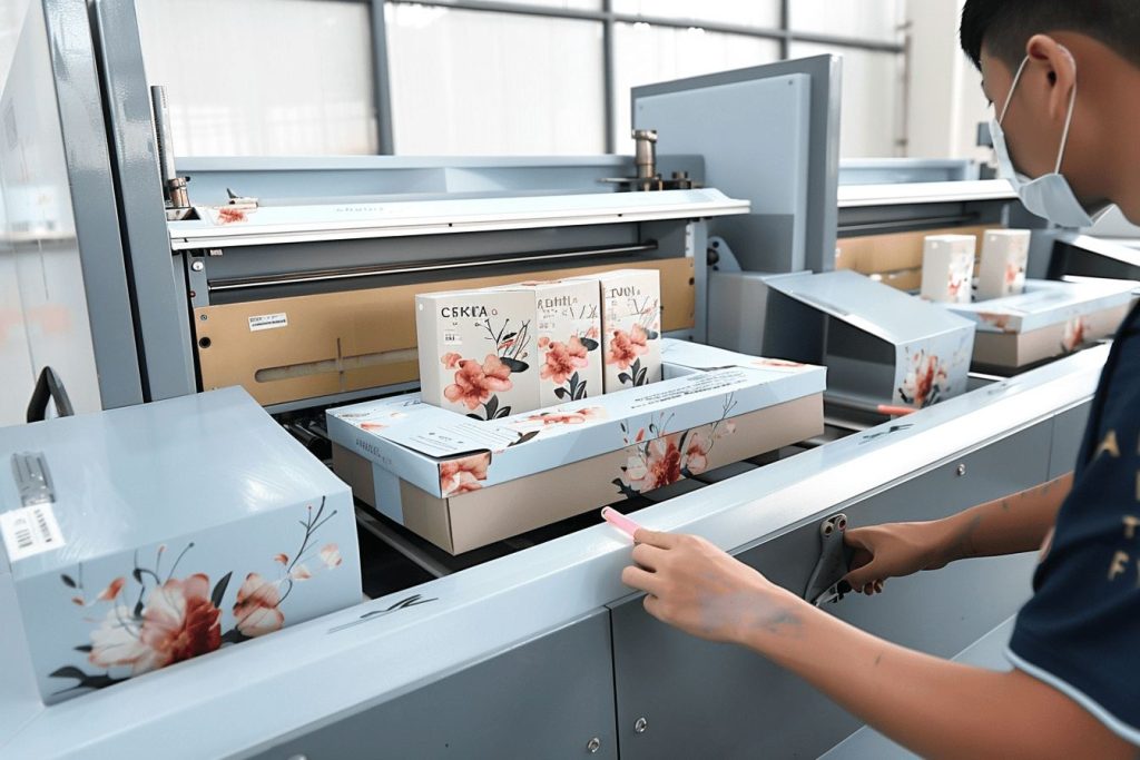 Automated packaging line assembling and inspecting custom printed boxes.