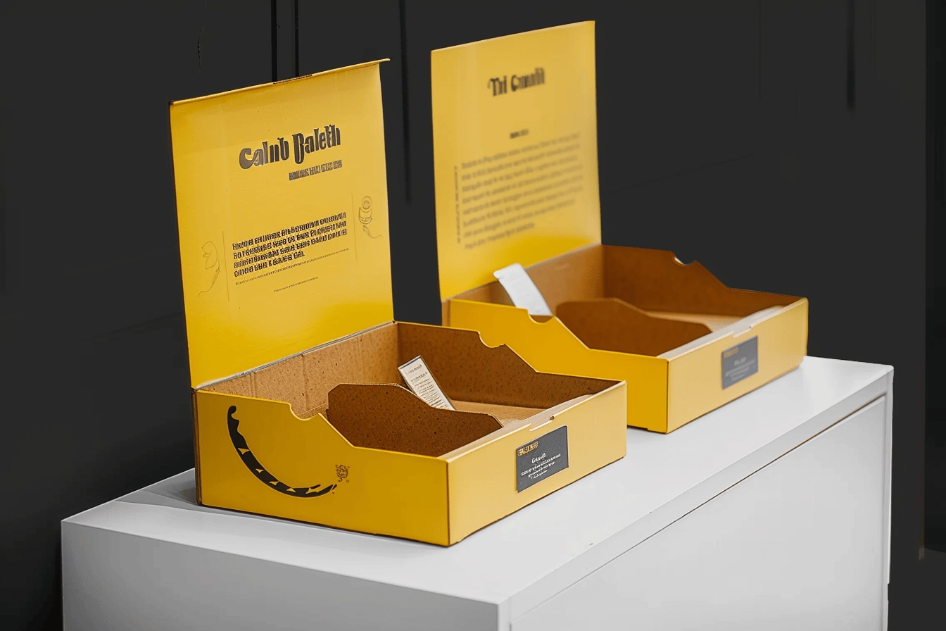 Yellow cardboard display boxes with an open-top design for product showcasing and branding.