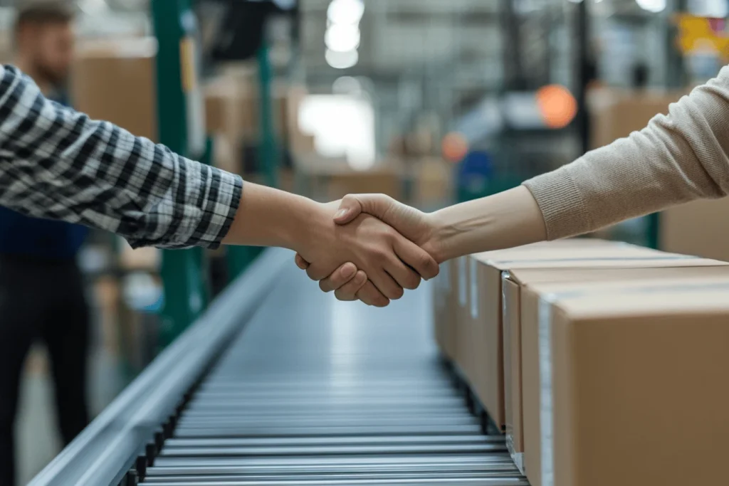 Two individuals shaking hands in a warehouse environment, symbolizing trust and partnership in supply chain operations.