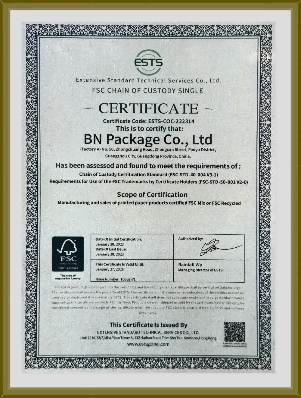 FSC Chain of Custody Certification awarded to BN Package Co., Ltd., verifying responsible material sourcing.