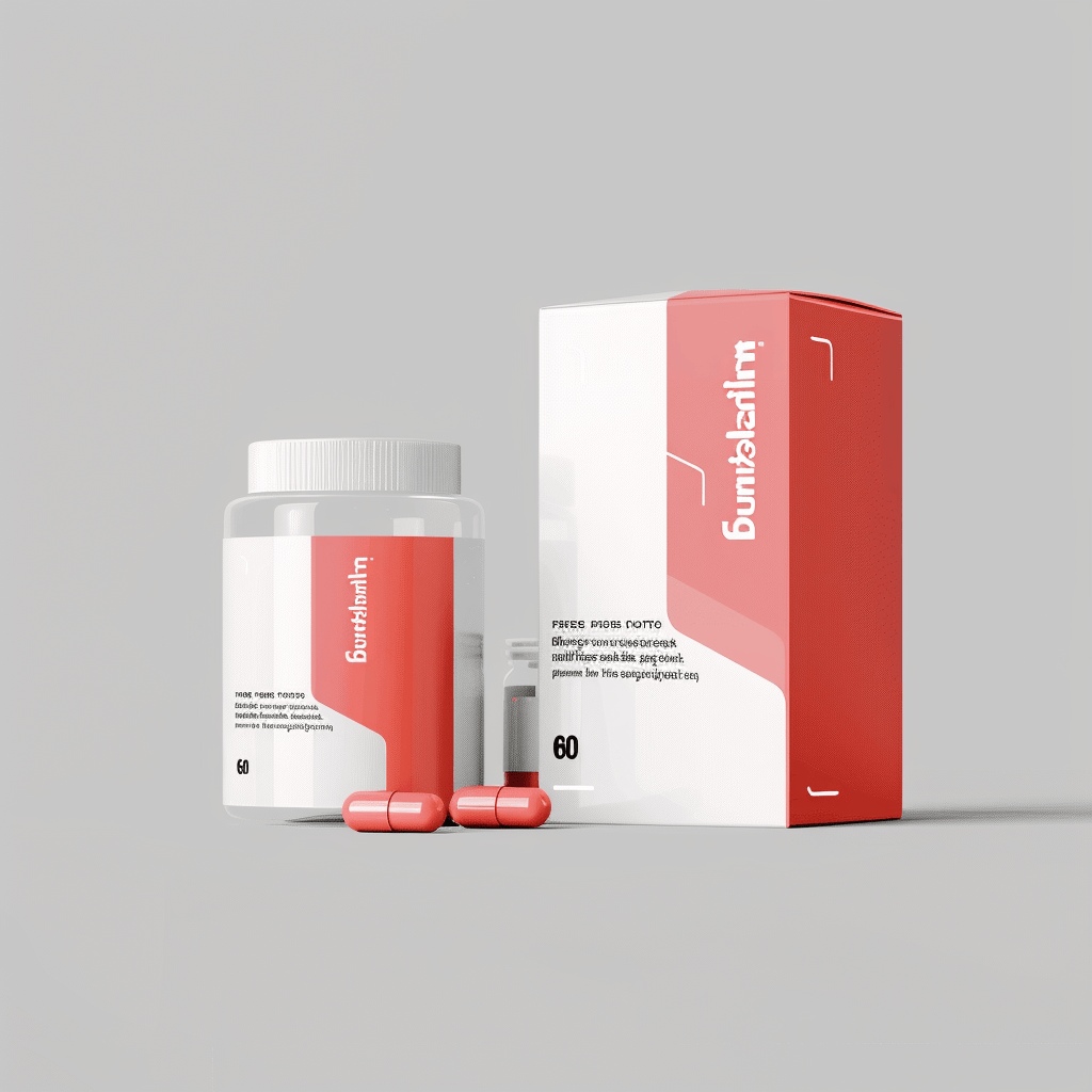 Capsule bottle and box packaging design for pharmaceutical products.
