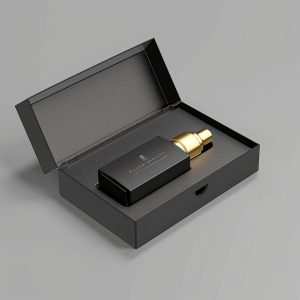 Luxury black packaging box with a gold spray bottle inside.