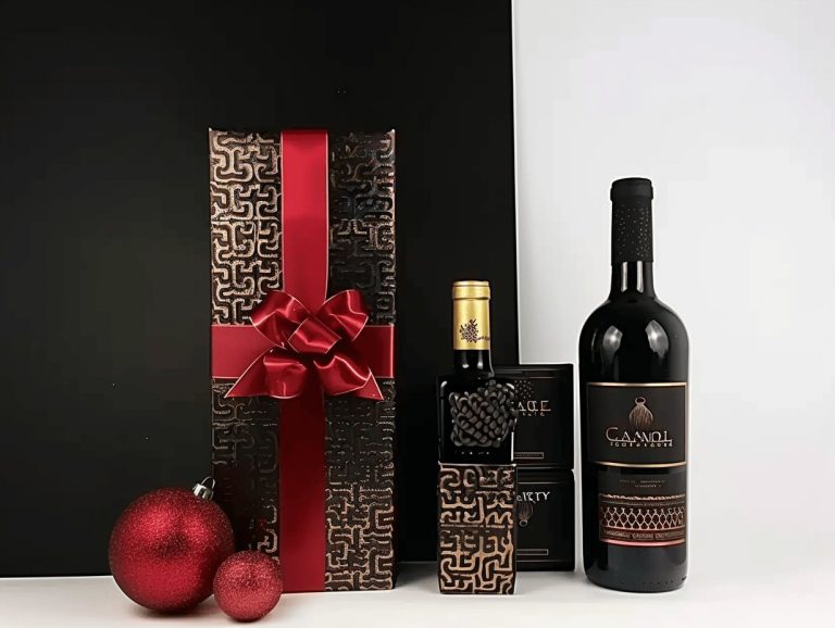 Luxurious Wine Gift Set with Embossed Packaging and Red Ribbon