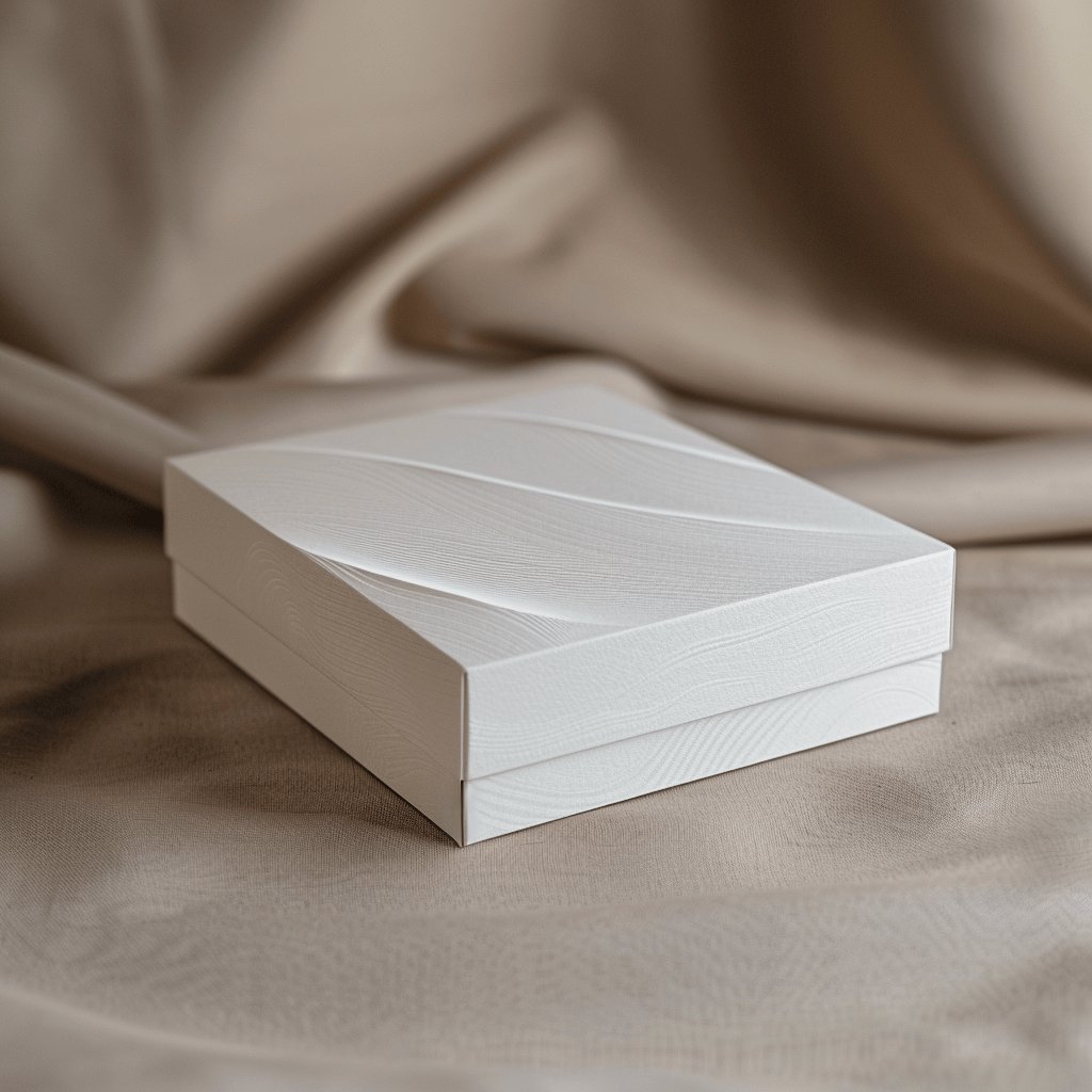 Elegant white paperboard box with a textured matte finish and minimalist design, placed on a soft fabric background.
