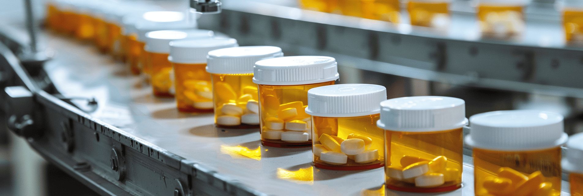 A production line of amber pill bottles filled with white tablets, sealed with white caps, showcasing primary pharmaceutical packaging in a manufacturing facility.