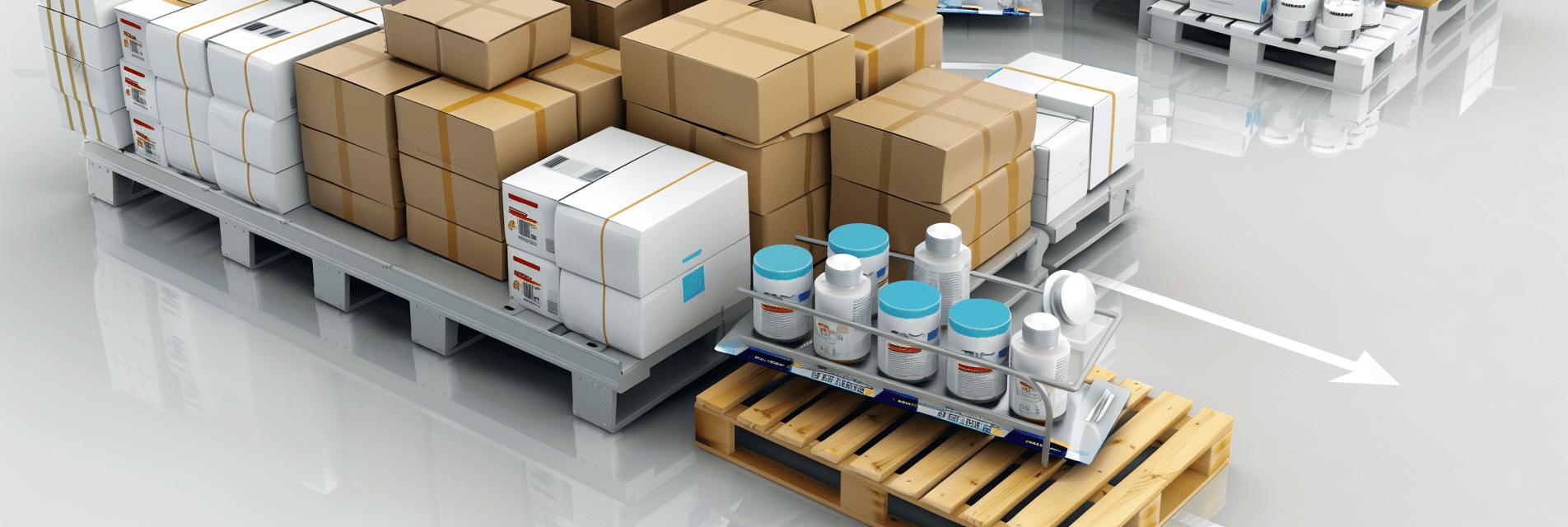 Stacked pallets with cardboard boxes and bulk pharmaceutical containers, illustrating tertiary pharmaceutical packaging for storage and transportation.