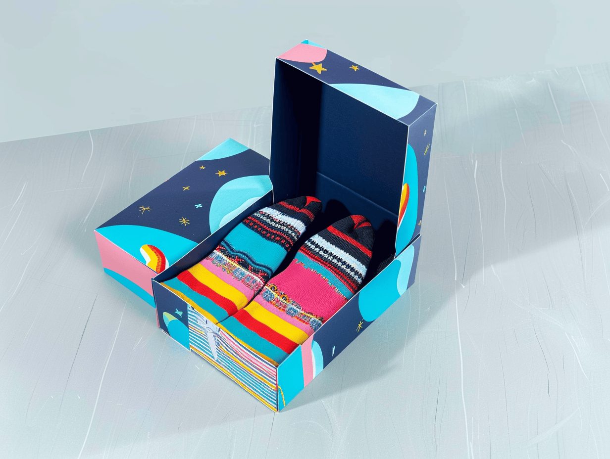 Vibrant custom sock packaging with a slide-out box design, featuring a space-themed pattern for a fun and unique presentation.
