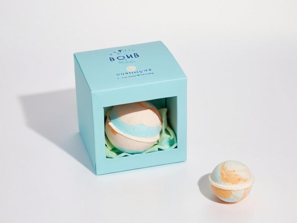 Light blue bath bomb box with a clear window showcasing a colorful bath bomb inside, placed on a white background. A second bath bomb sits outside the box.