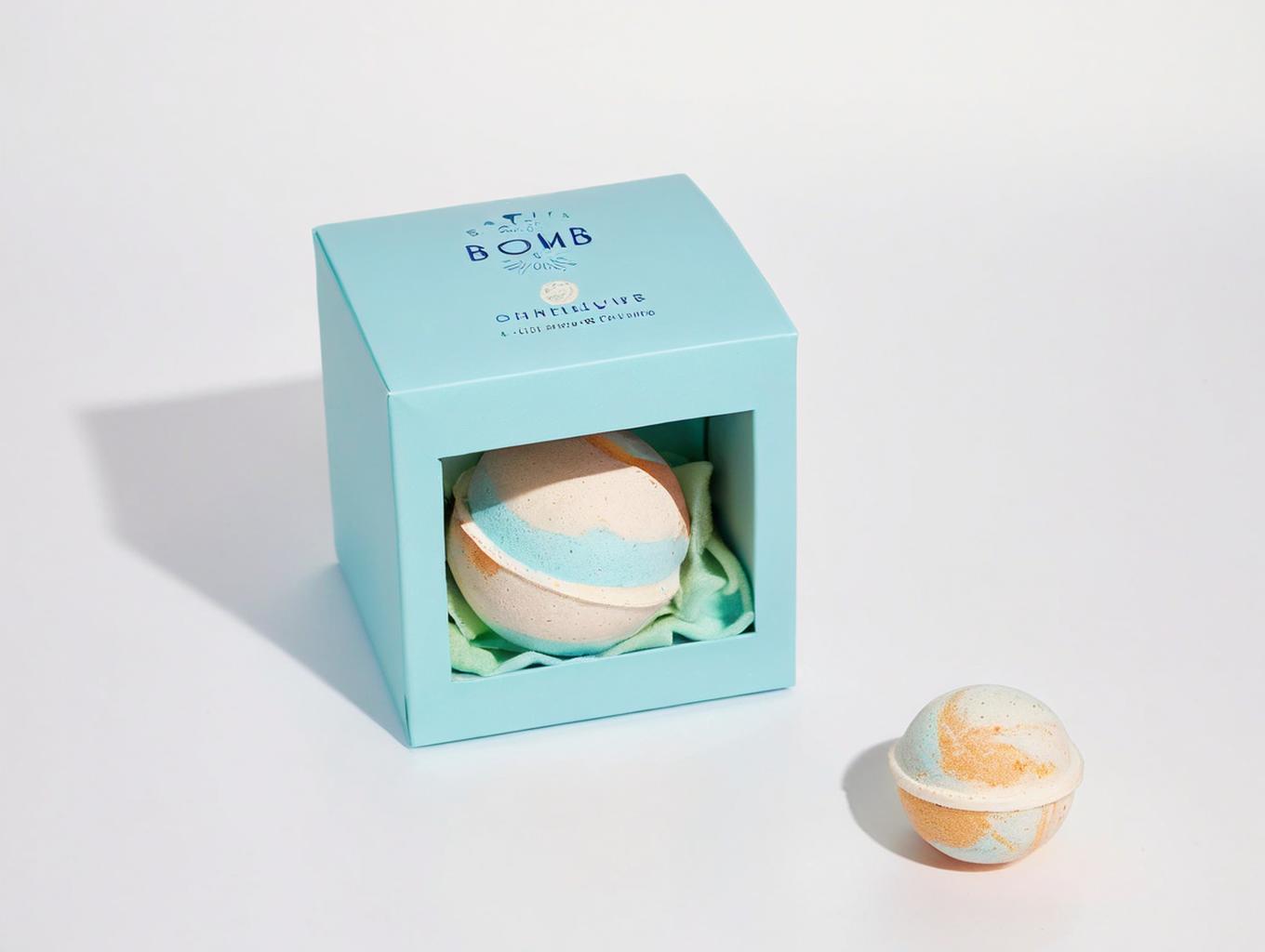 Light blue bath bomb box with a clear window showcasing a colorful bath bomb inside, placed on a white background. A second bath bomb sits outside the box.