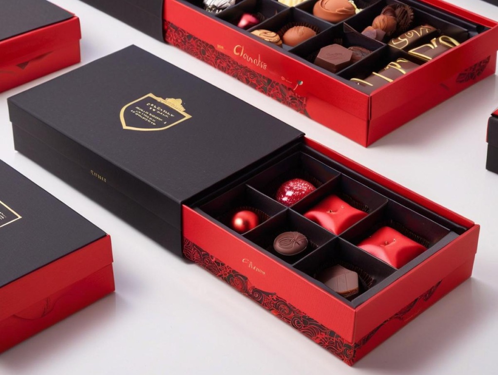 Elegant custom chocolate gift boxes in red and black with gold accents, featuring a drawer-style design.