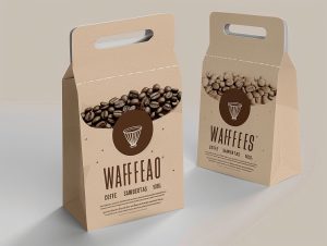 Two kraft paper coffee bags with handles, featuring a coffee bean design and the "WAFFFEAO" brand logo. The packaging has a minimalist and eco-friendly style.