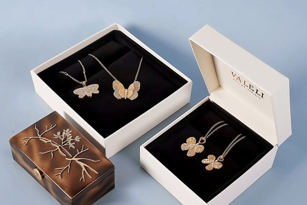 Luxury custom jewelry boxes with black velvet insert for necklaces and pendants.