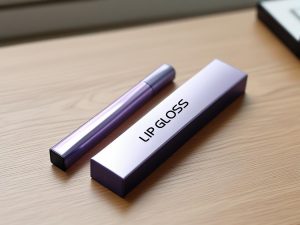Minimalist purple lip gloss packaging box with a sleek lip gloss tube on a wooden surface.