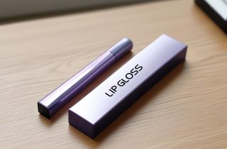 Minimalist purple lip gloss packaging box with a sleek lip gloss tube on a wooden surface.