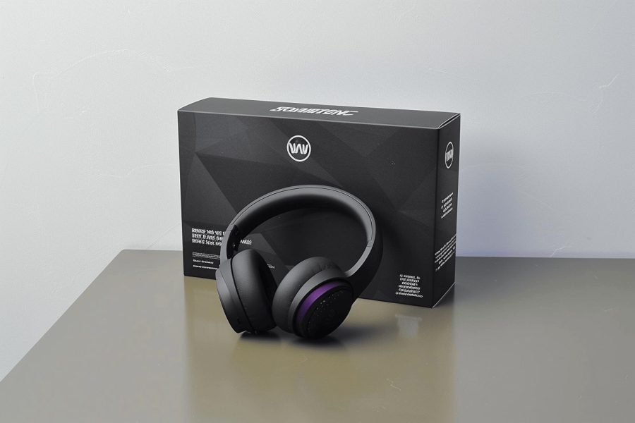 High-quality headphones with sleek black retail packaging for electronics.