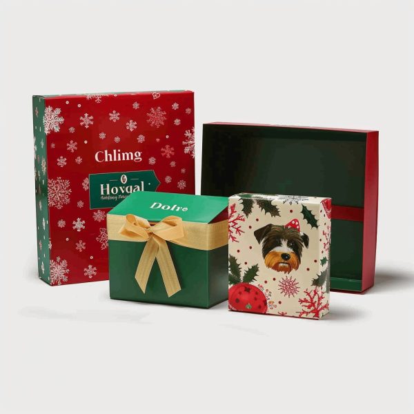 Festive Christmas gift boxes with holiday-themed designs and ribbons.