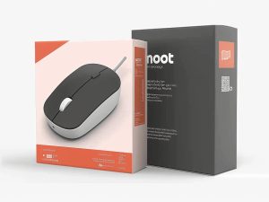 Modern packaging box in black and orange featuring a sleek black and white computer mouse design.